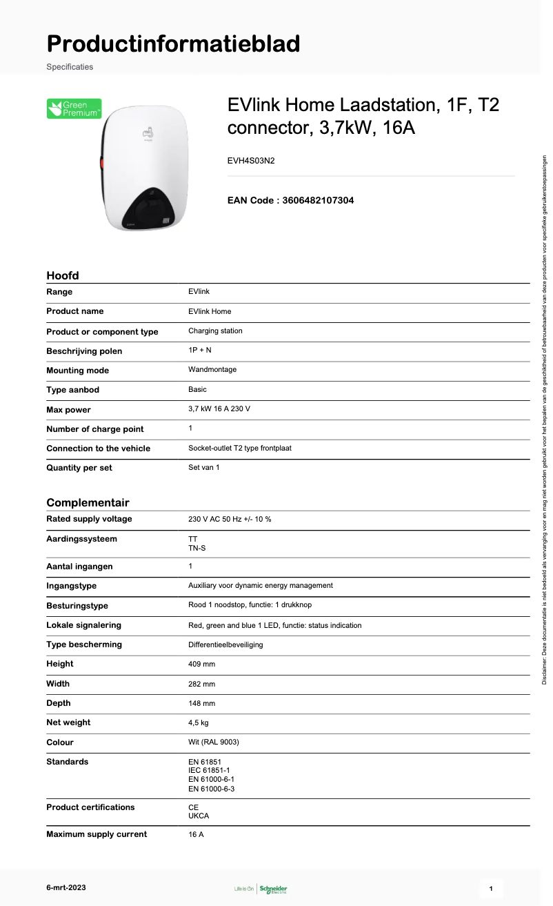 Página 1 del manual Ficha técnica Schneider EVH4S03N2