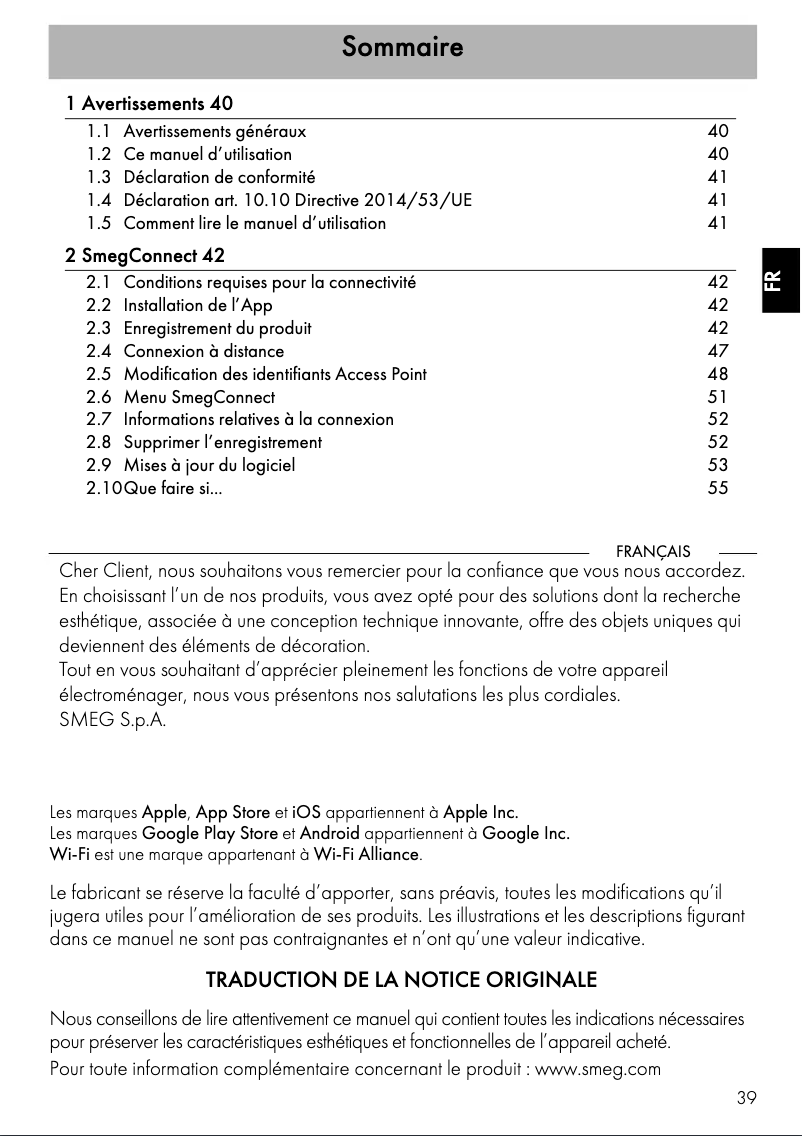 Page 1 de la notice Manuel utilisateur Smeg SFP9305WSPX