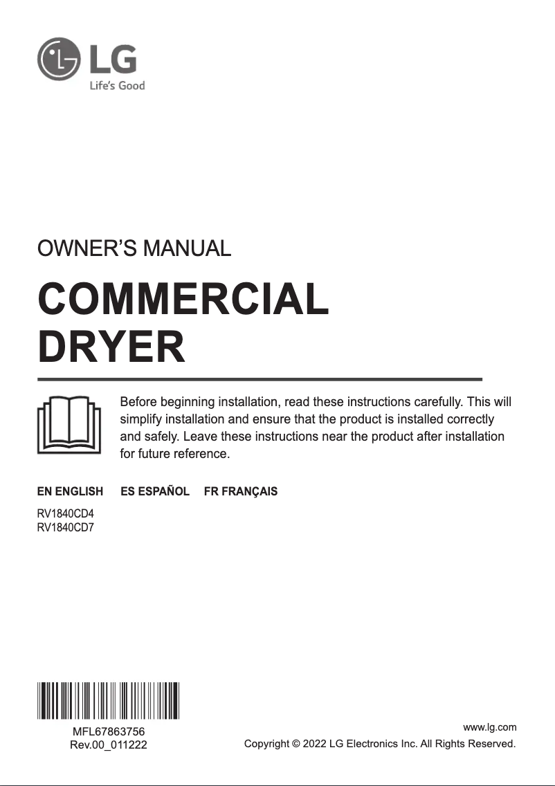 Page 1 de la notice Manuel utilisateur LG RV1840CD7