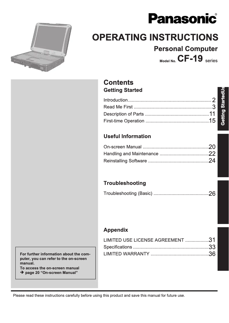 Page 1 de la notice Manuel utilisateur Panasonic Toughbook 19R
