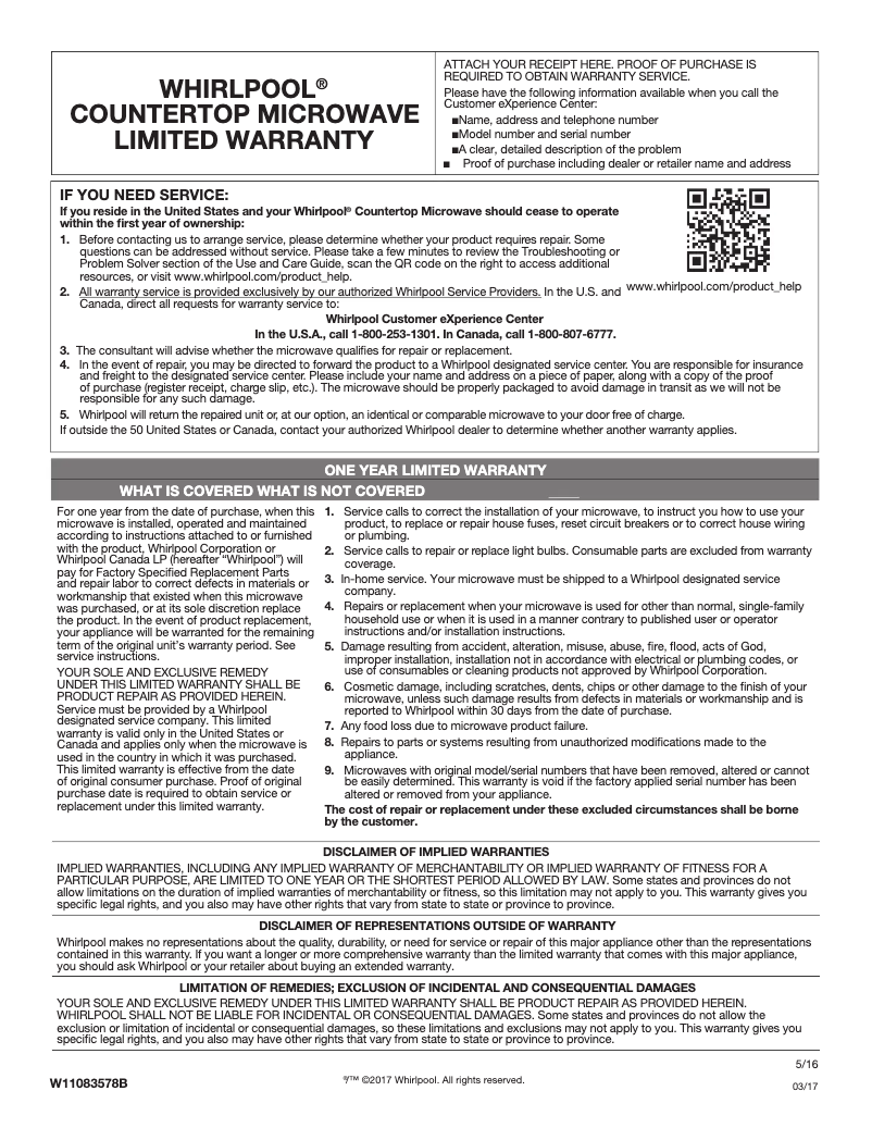 Page 1 de la notice Informations de garantie Whirlpool WMC50522HV