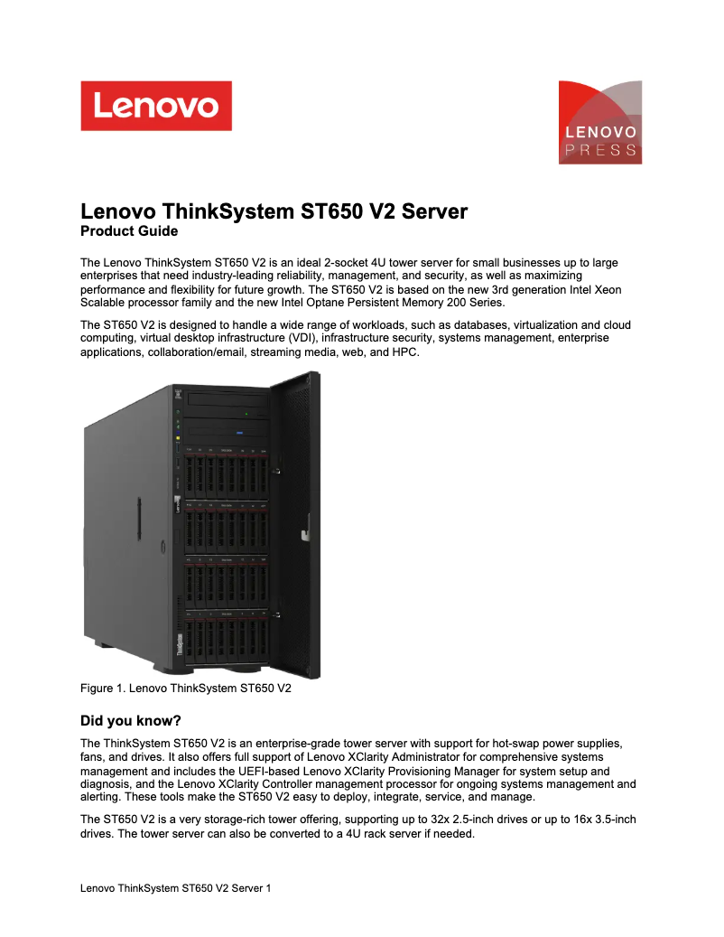 Page 1 de la notice Manuel utilisateur Lenovo ThinkSystem ST650 V2