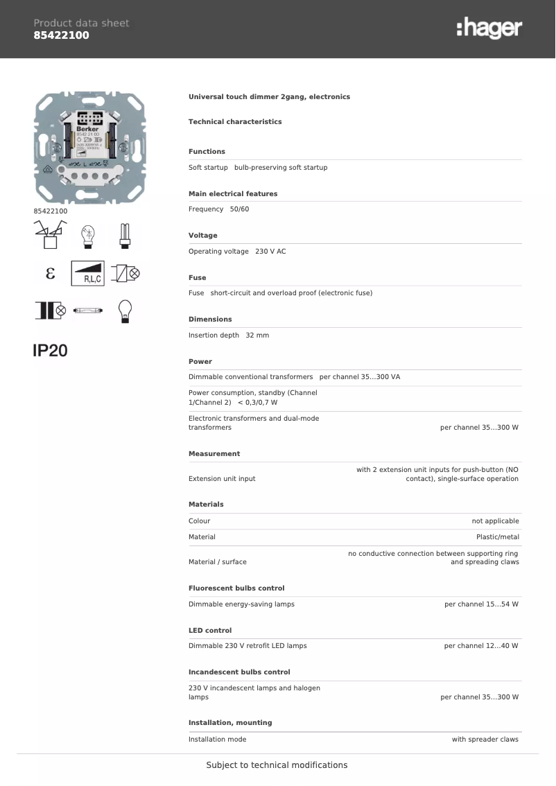 Page 1 de la notice Fiche technique Hager 85422100
