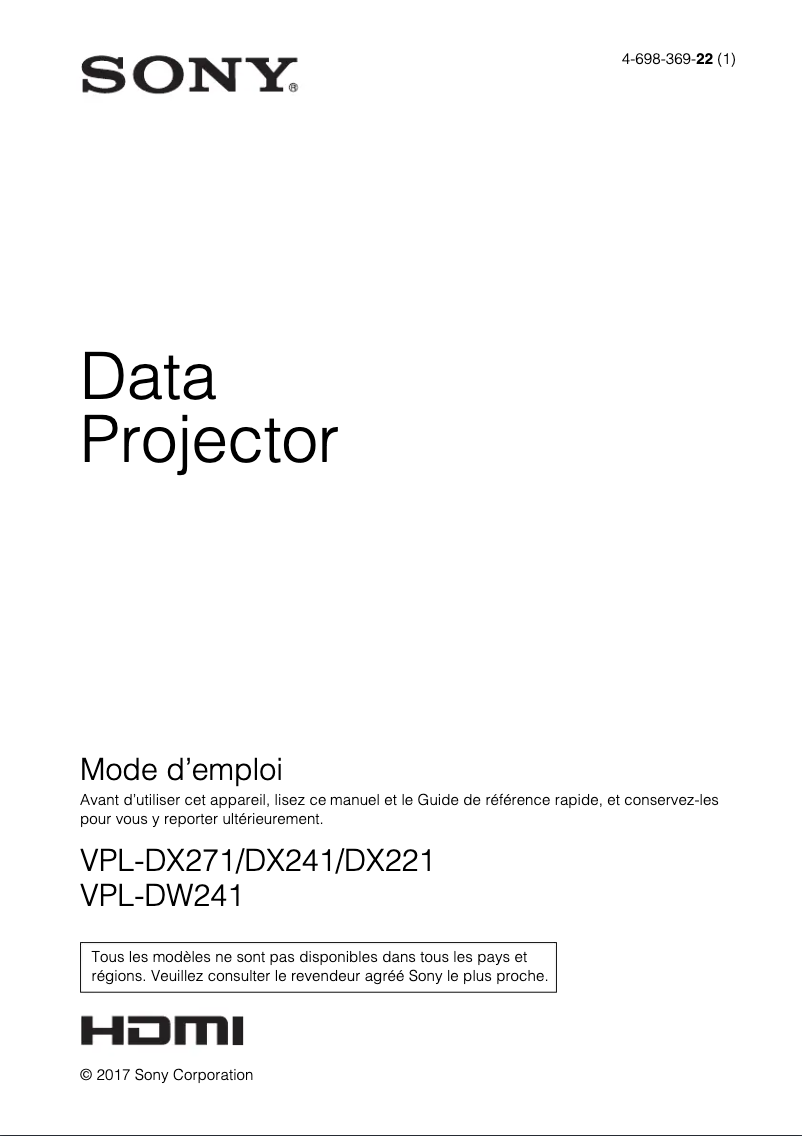 Page 1 de la notice Manuel utilisateur Sony VPL-DX271