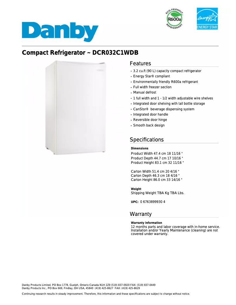 Page 1 de la notice Fiche technique Danby DCR032C1WDB