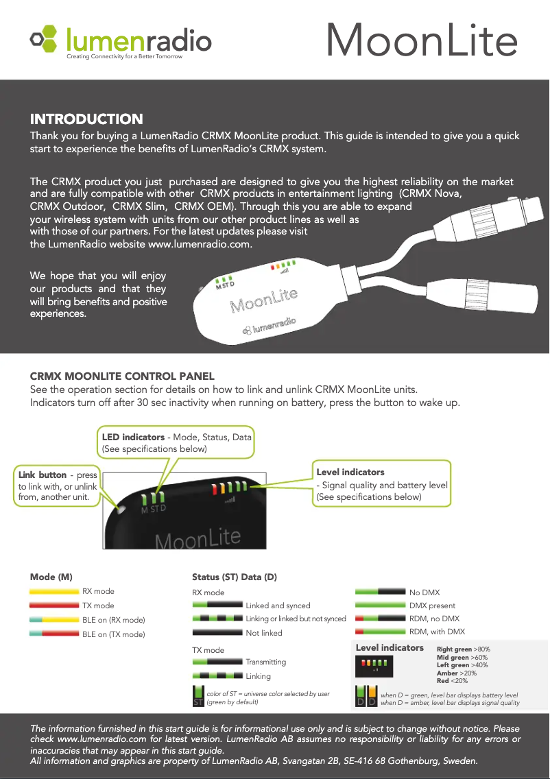 Page 1 de la notice Manuel utilisateur LumenRadio MoonLite