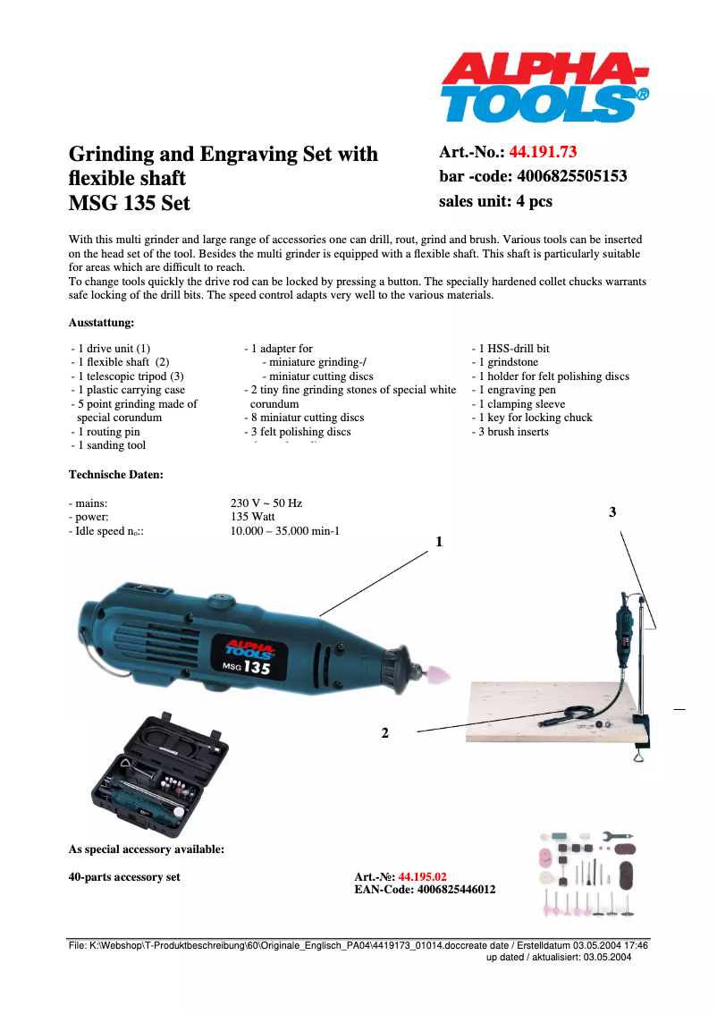 Page 1 de la notice Manuel utilisateur Alpha Tools MSG 135