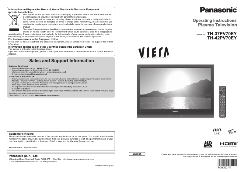 Page 1 of the manual User Manual Panasonic Viera TH-42PV70EY