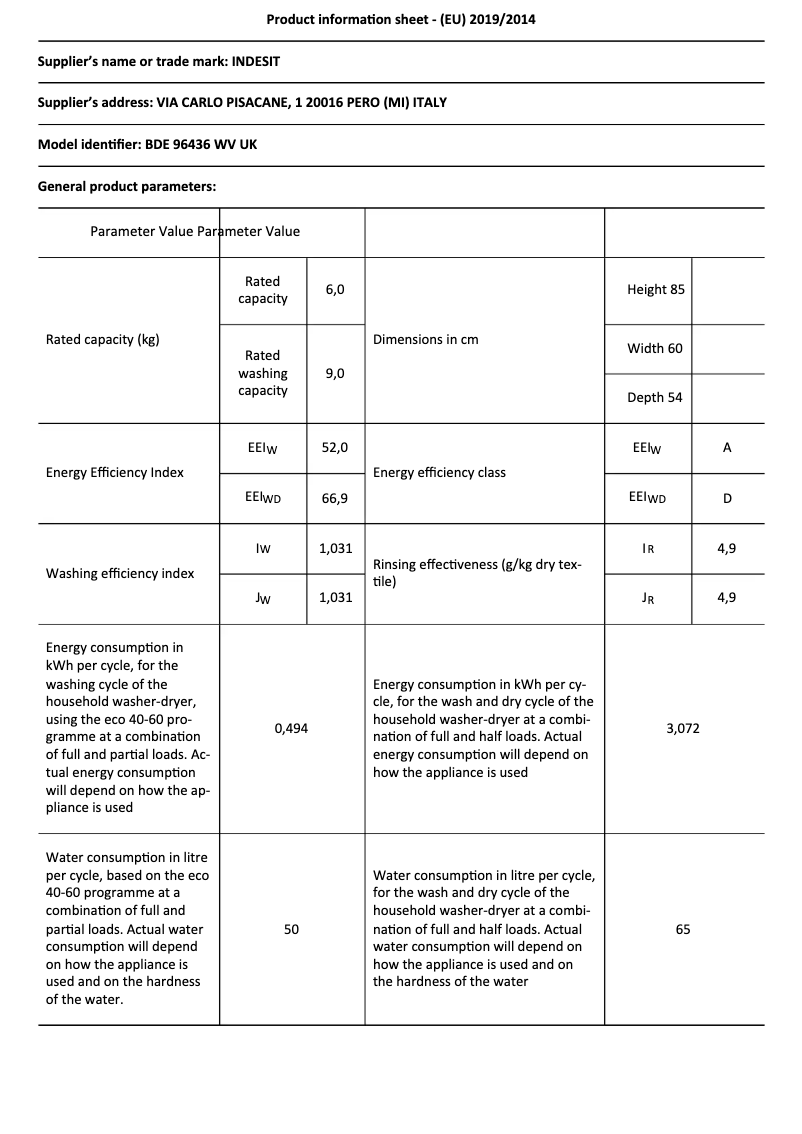 Page 1 de la notice Fiche technique Indesit BDE 96436 WV UK
