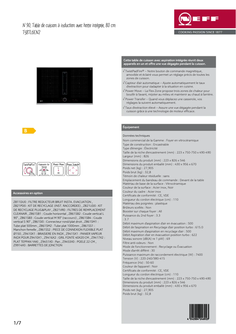 Page 1 de la notice Fiche technique Neff T58TL6EN2