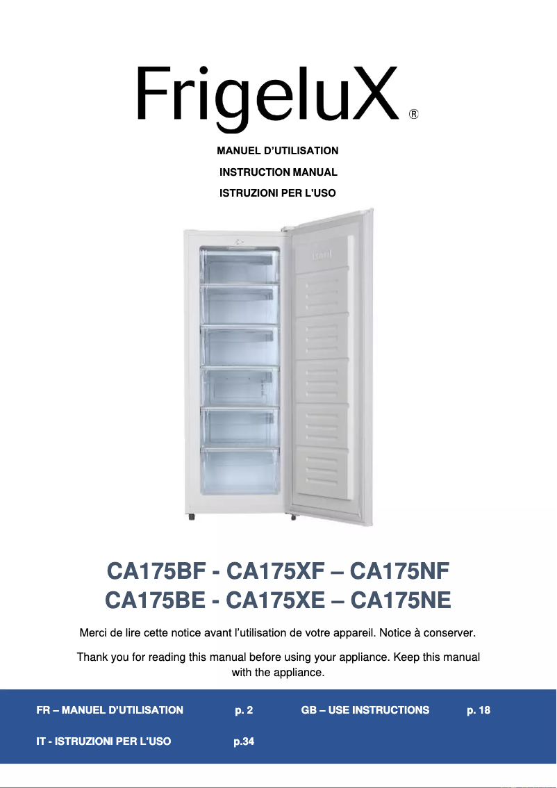 Page 1 of the manual User Manual FrigeluX CA175NF