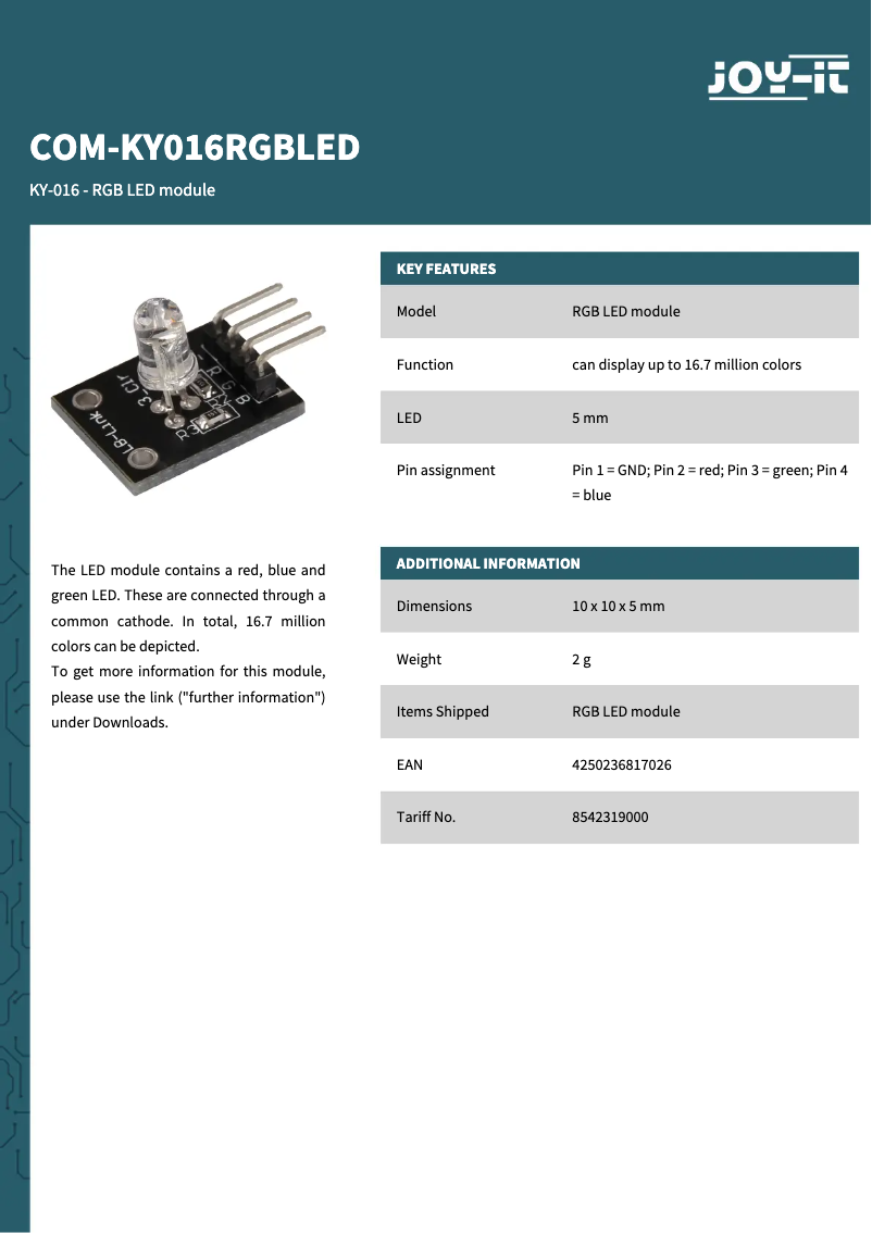 Page 1 de la notice Fiche technique Joy-It COM-KY016RGBLED