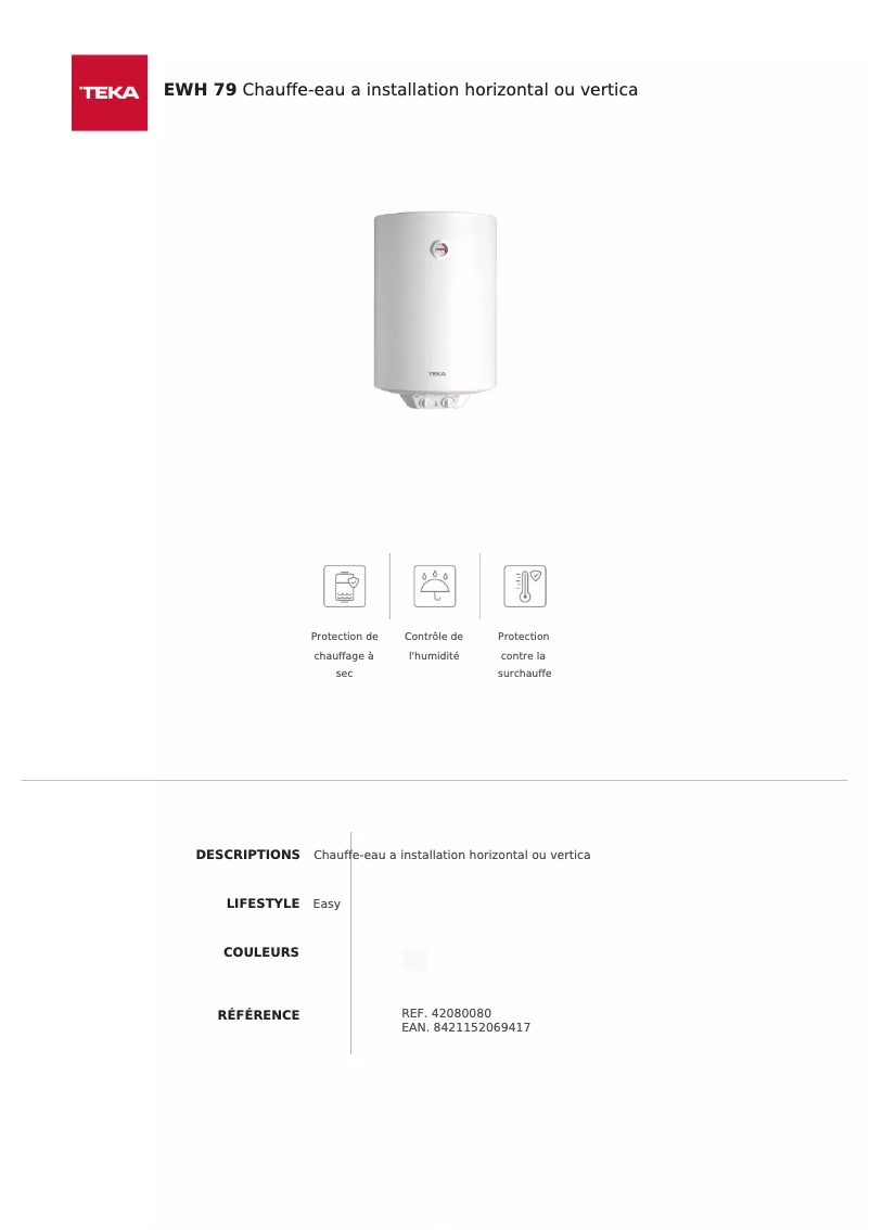 Page 1 de la notice Fiche technique Teka EWH 80
