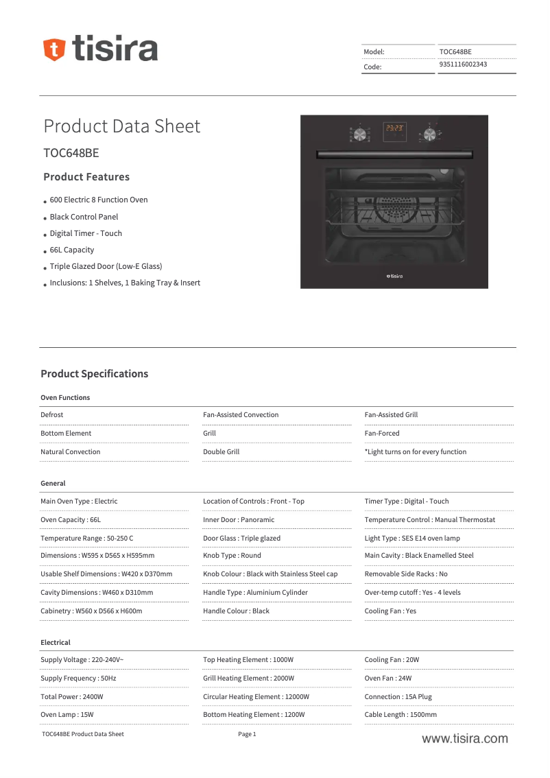 Página 1 del manual Ficha técnica Tisira TOC648BE