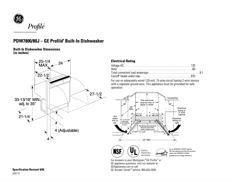 Page 1 de la notice Fiche technique GE Profile PDW7800JWW