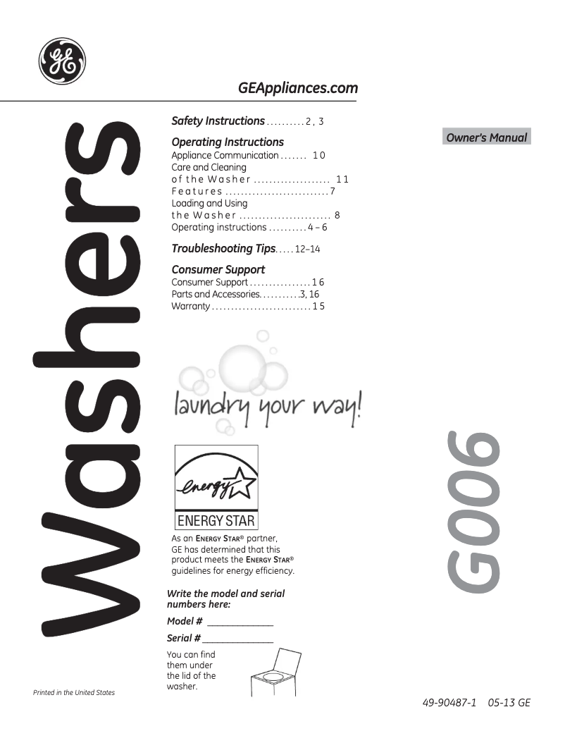 Page 1 de la notice Manuel d'utilisation et d'entretien GE GTWN8250DWS