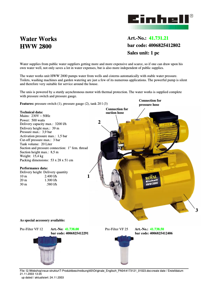 Page 1 de la notice Fiche technique Einhell Royal HWW 2800