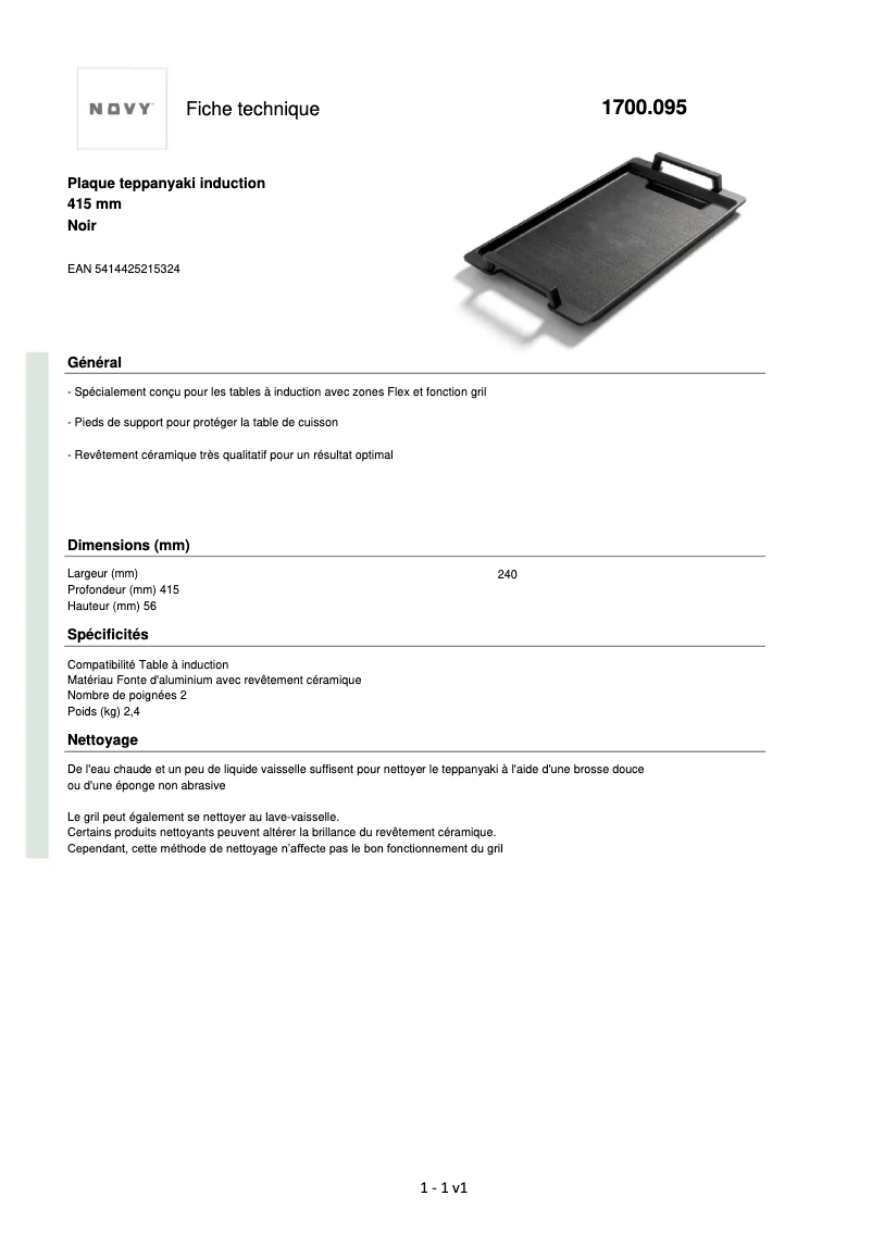 Page 1 de la notice Fiche technique Novy 1700095