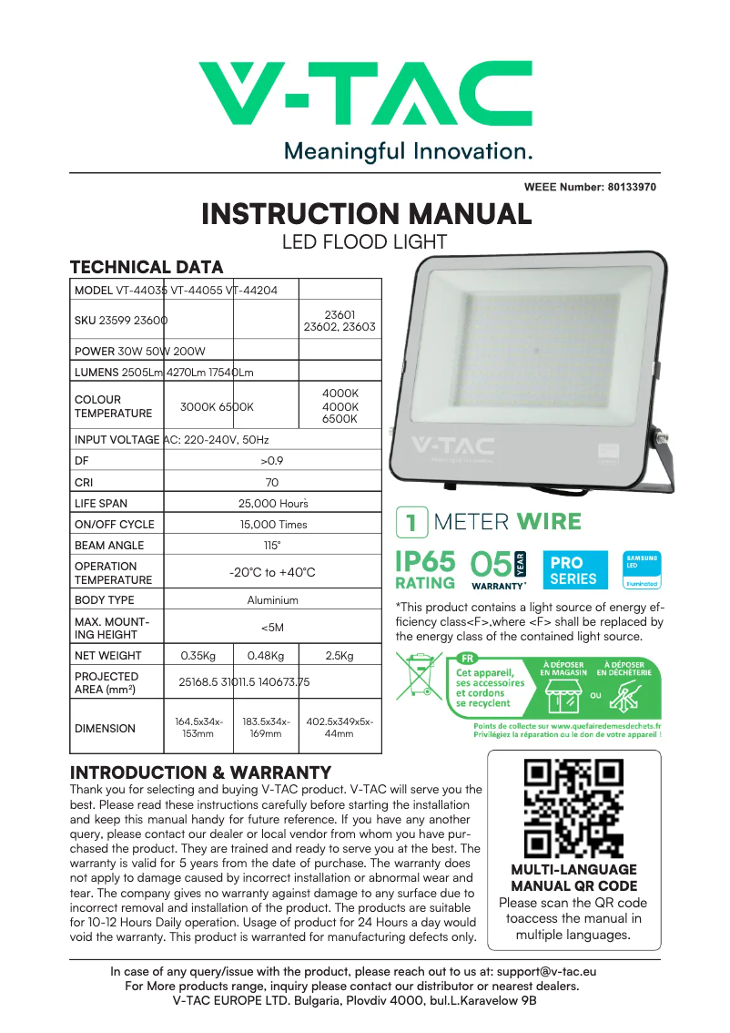 Page 1 de la notice Manuel utilisateur V-TAC VT-44055