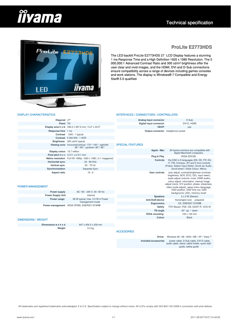 Page 1 de la notice Manuel utilisateur Iiyama ProLite E2773HDS