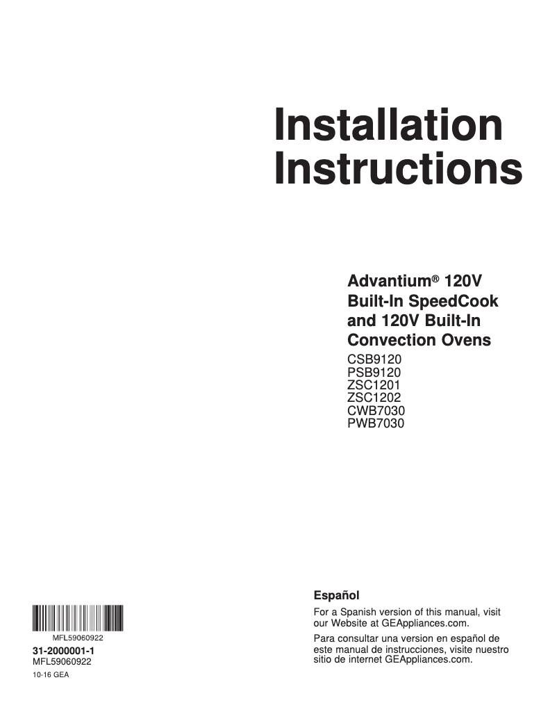 Página 1 del manual Guía de instalación GE Profile PWB7030SLSS