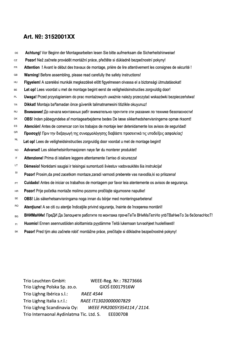 Page 1 de la notice Manuel utilisateur Trio Lighting Ontario 315200189