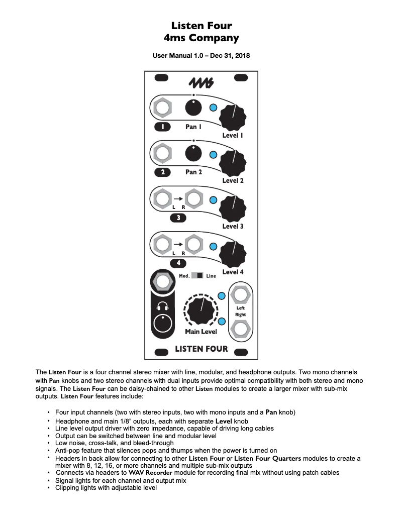 Page 1 de la notice Manuel utilisateur 4ms Listen Four