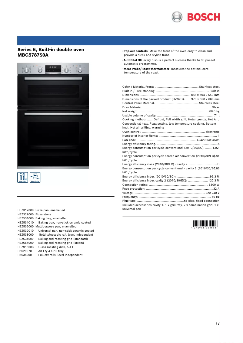 Page 1 of the manual Technical Sheet Bosch MBG5787S0A