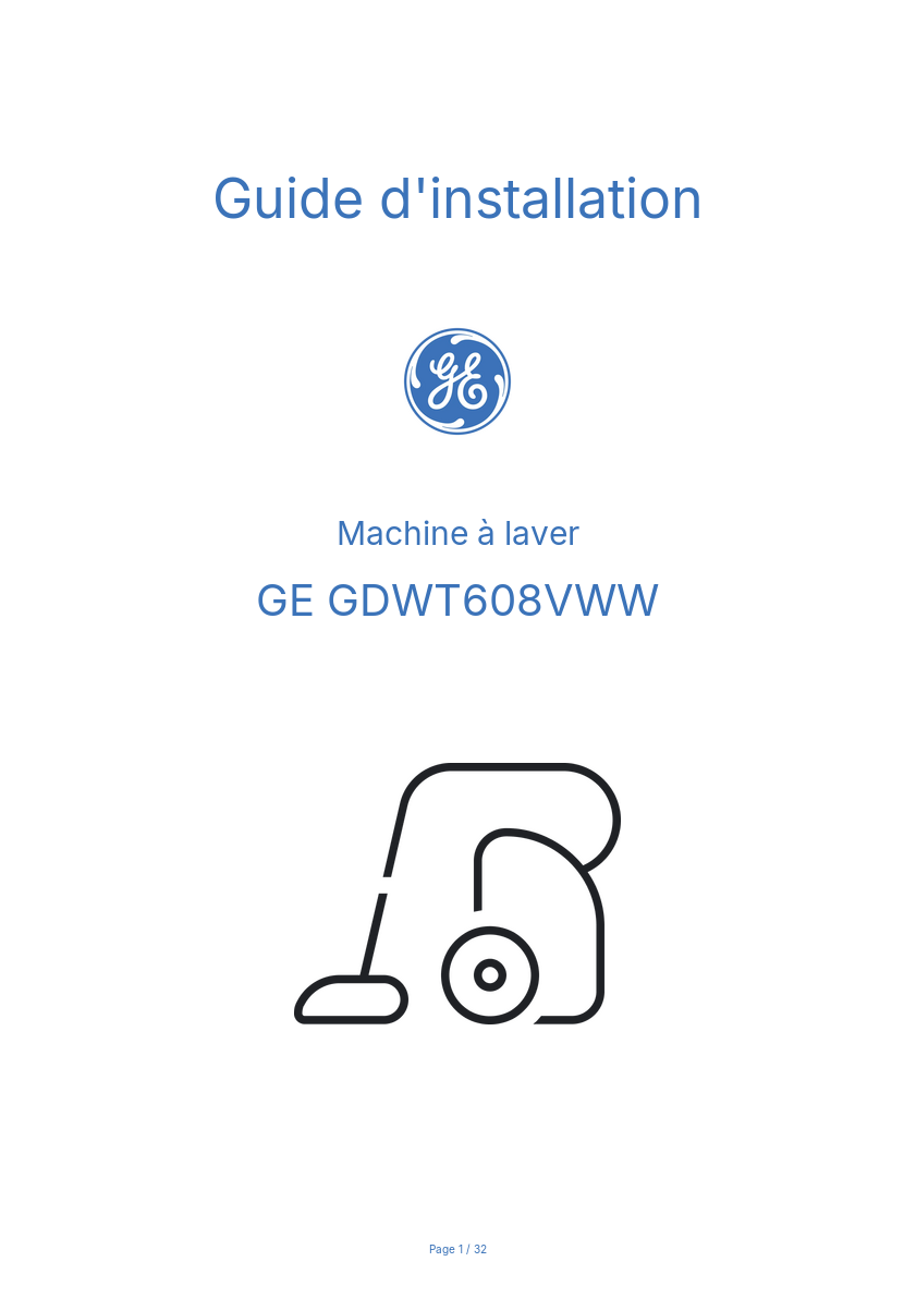 Page 1 de la notice Guide d'installation GE GDWT608VWW