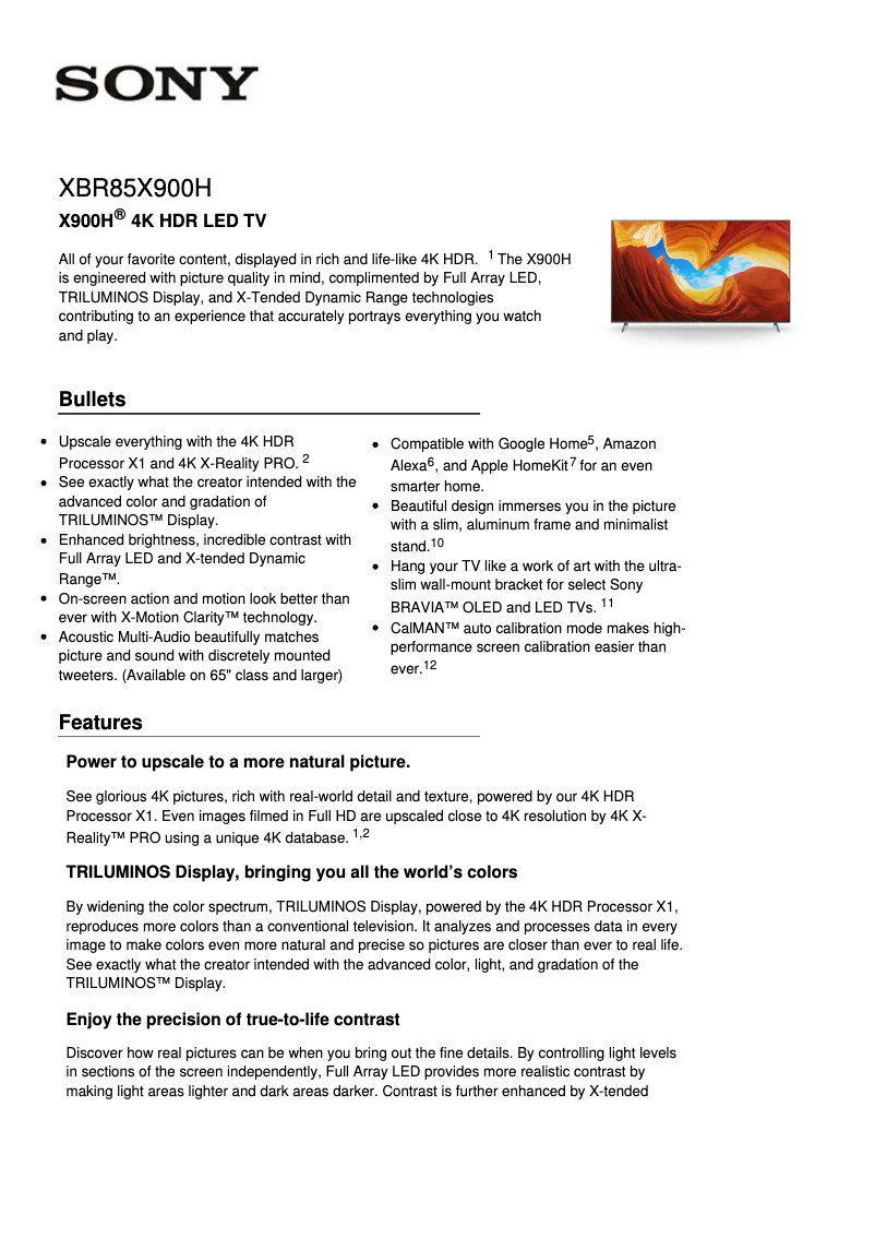 Page 1 de la notice Fiche technique Sony Bravia XBR-85X900H