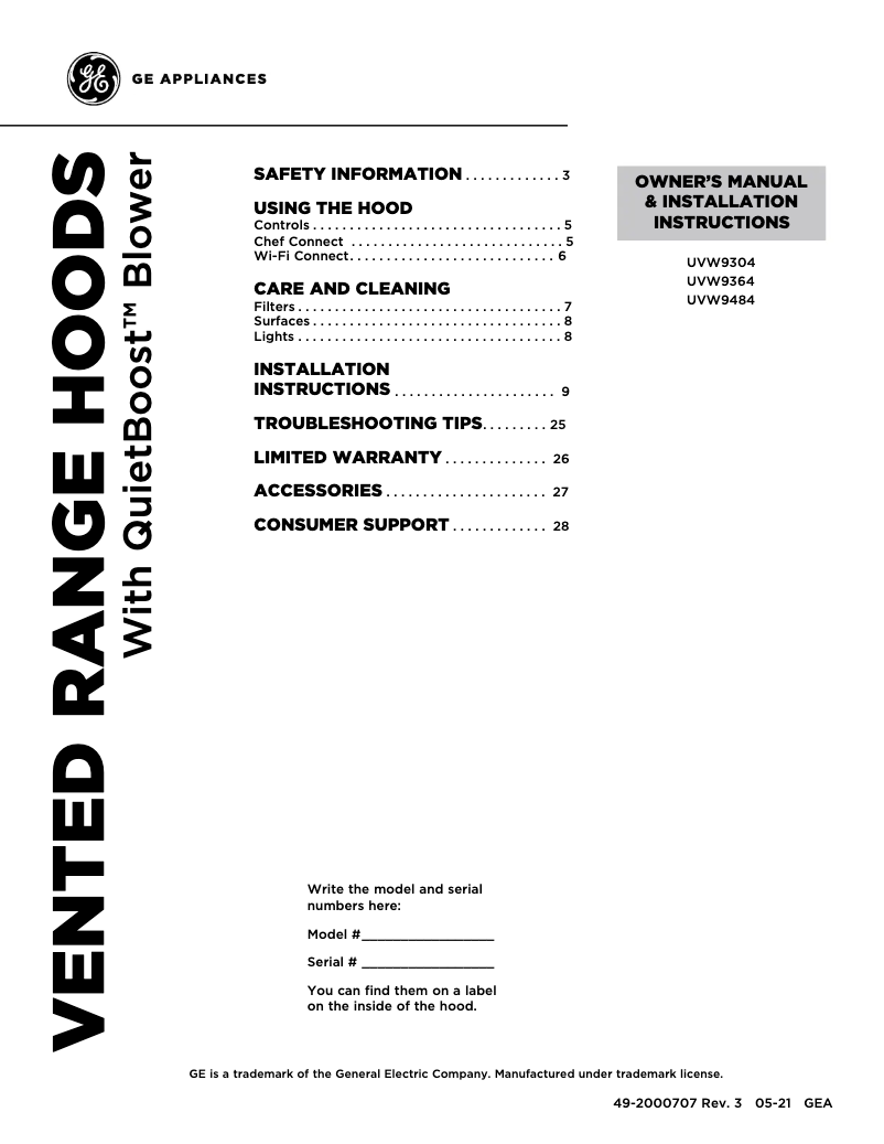 Page 1 de la notice Manuel utilisateur Monogram UVW93042PSS