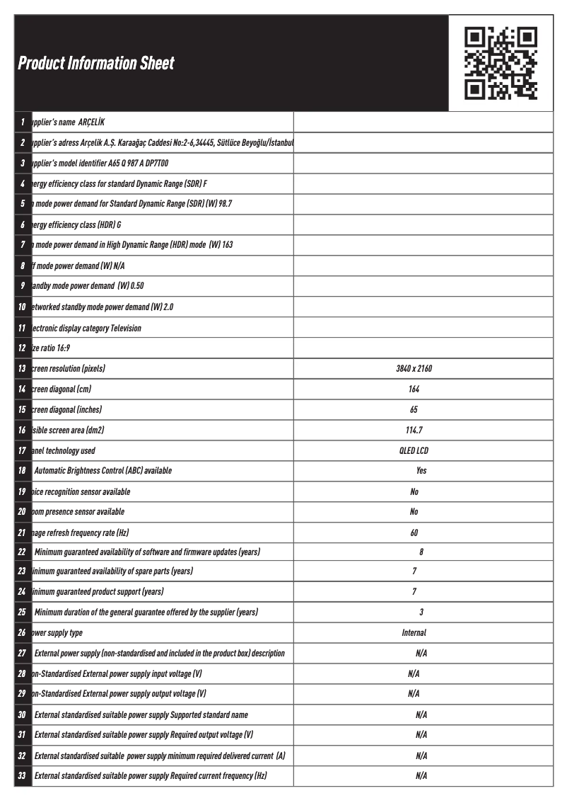 Page 1 de la notice Fiche technique Arçelik A65 Q 987 A