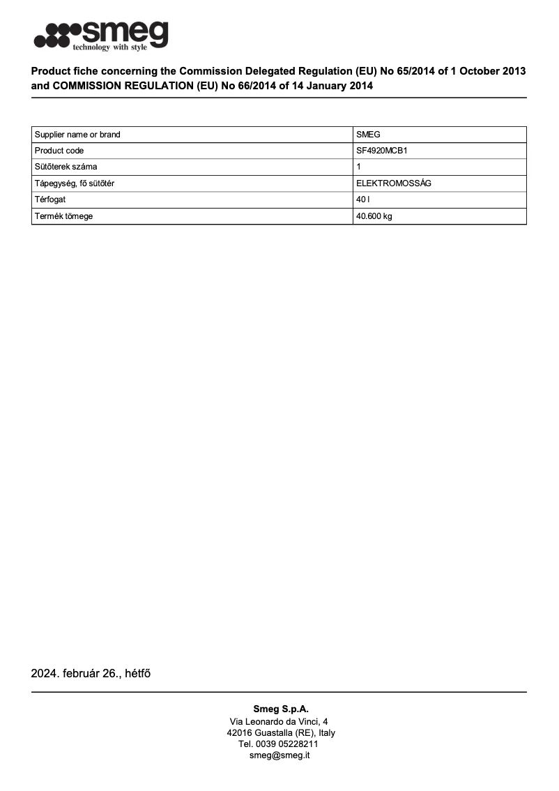 Page 1 de la notice Fiche technique Smeg SF4920MCB1