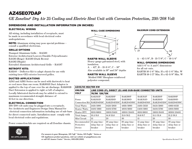 Page 1 de la notice Fiche technique GE AZ45E07DAP