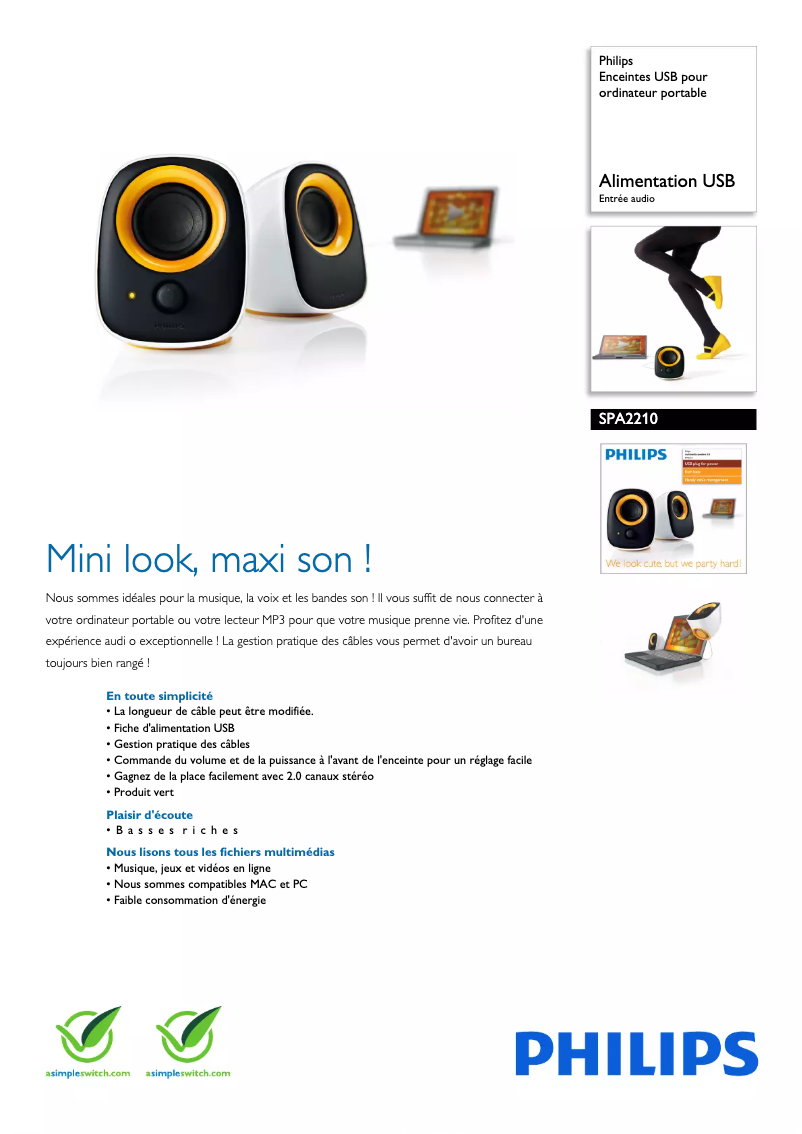 Page 1 de la notice Fiche technique Philips SPA2210