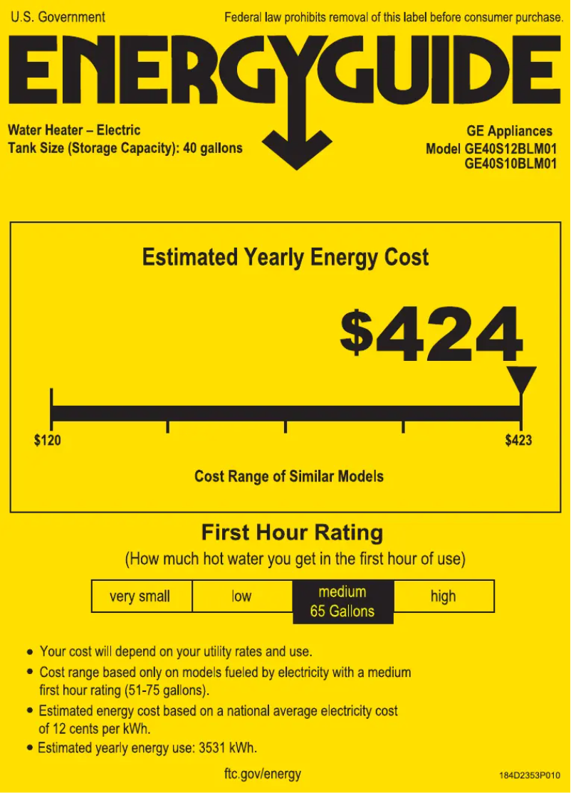 Page n°1 - Label énergétique GE GE40S10BLM