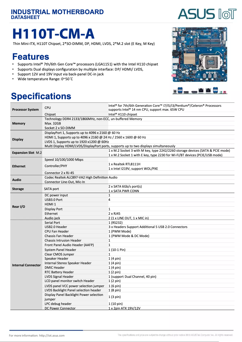 Page 1 of the manual Technical Sheet Asus H110T-CM-A