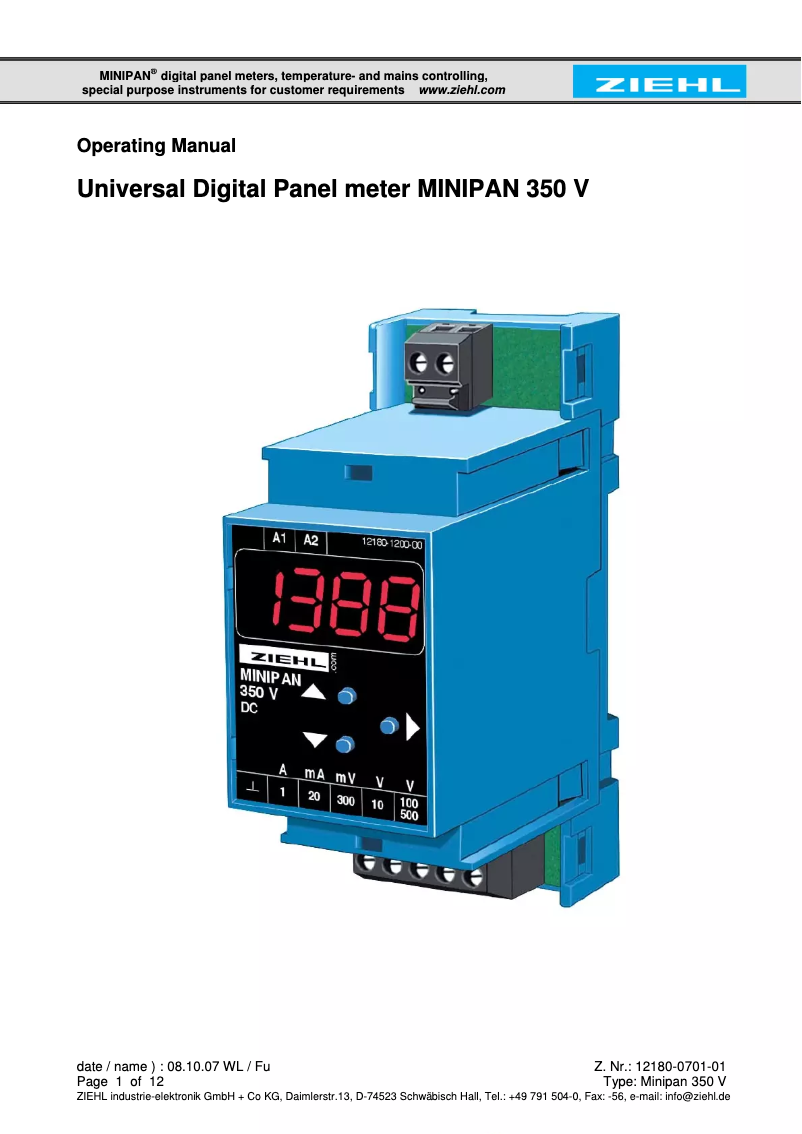 Page 1 of the manual User Manual Ziehl MINIPAN 350 V