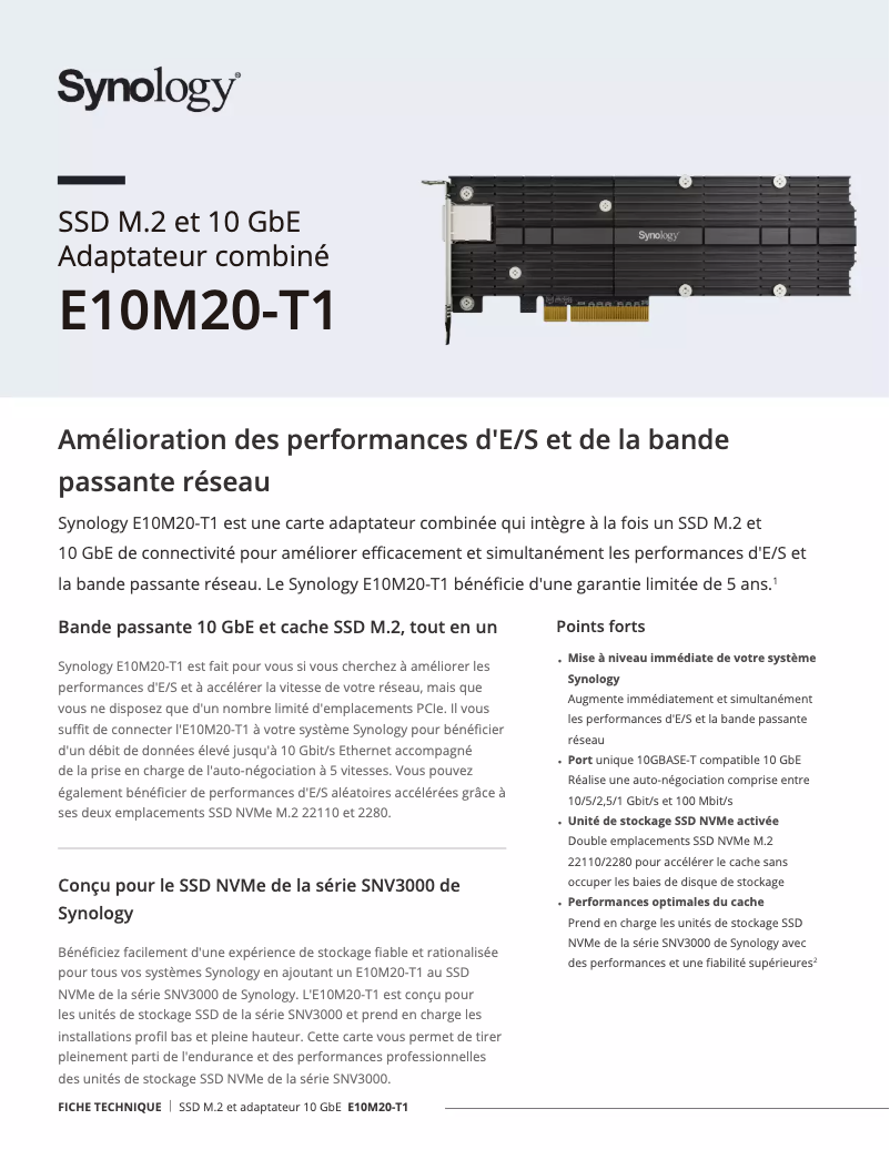 Page 1 de la notice Fiche technique Synology E10M20-T1