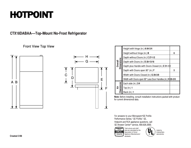 Page 1 de la notice Fiche technique Hotpoint CTX18DABAA