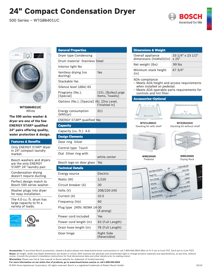 Page 1 de la notice Fiche technique Bosch WTG86401UC
