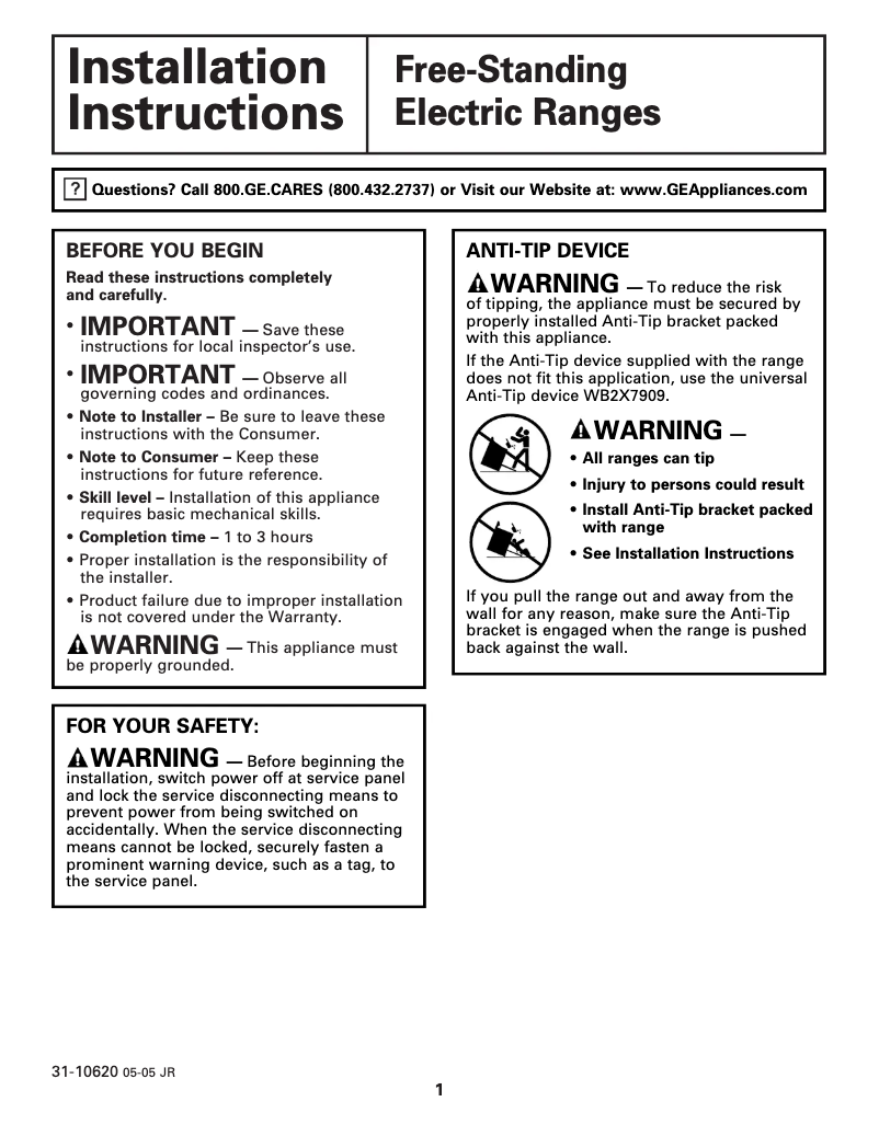 Page 1 of the manual Installation Guide GE JBP81TLWW