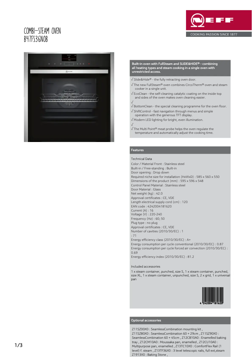 Page 1 of the manual Technical Sheet Neff B47FS36N0B
