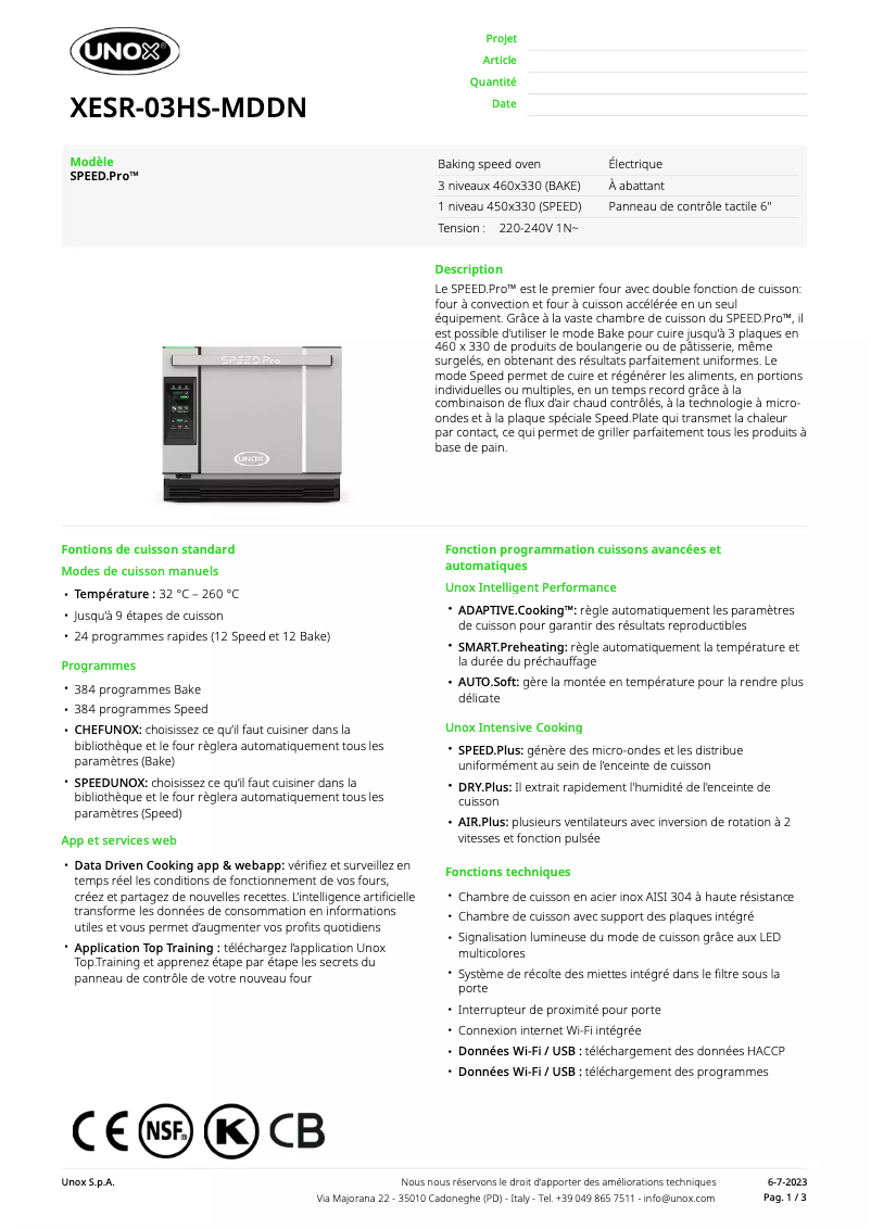 Page 1 of the manual Technical Sheet Unox SPEED.Pro