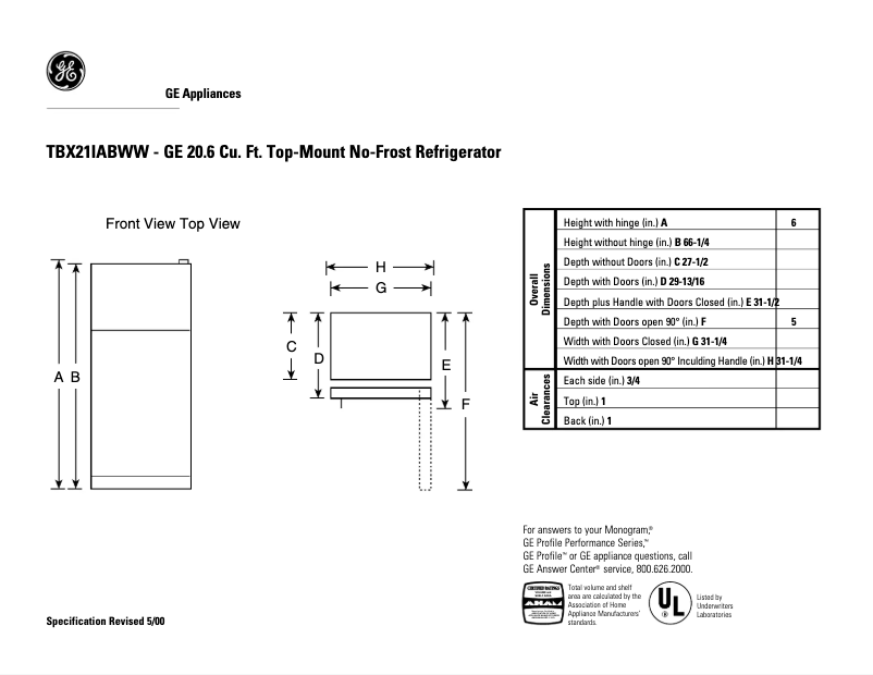 Page 1 de la notice Fiche technique GE TBX21IABWW