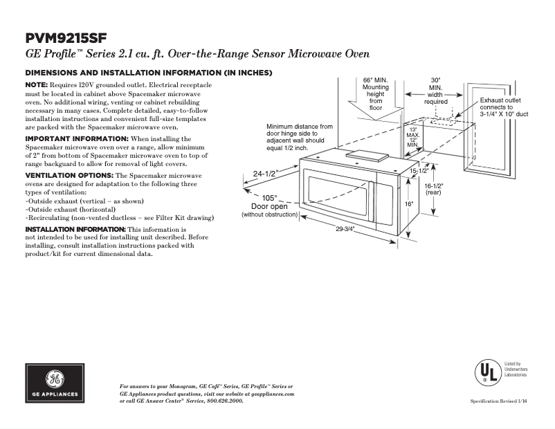 Page 1 of the manual Technical Sheet GE Profile PVM9215SFSS