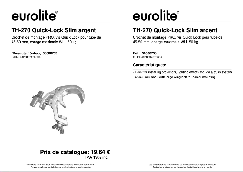 Page 1 de la notice Fiche technique Eurolite TH-270