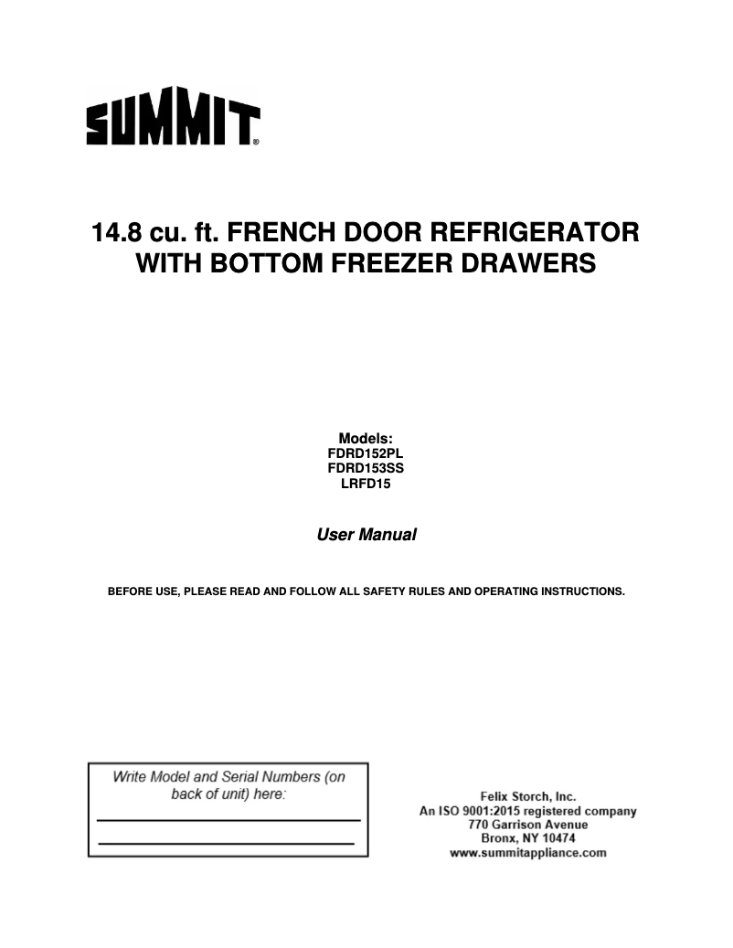 Page 1 de la notice Manuel utilisateur Summit FDRD152PL