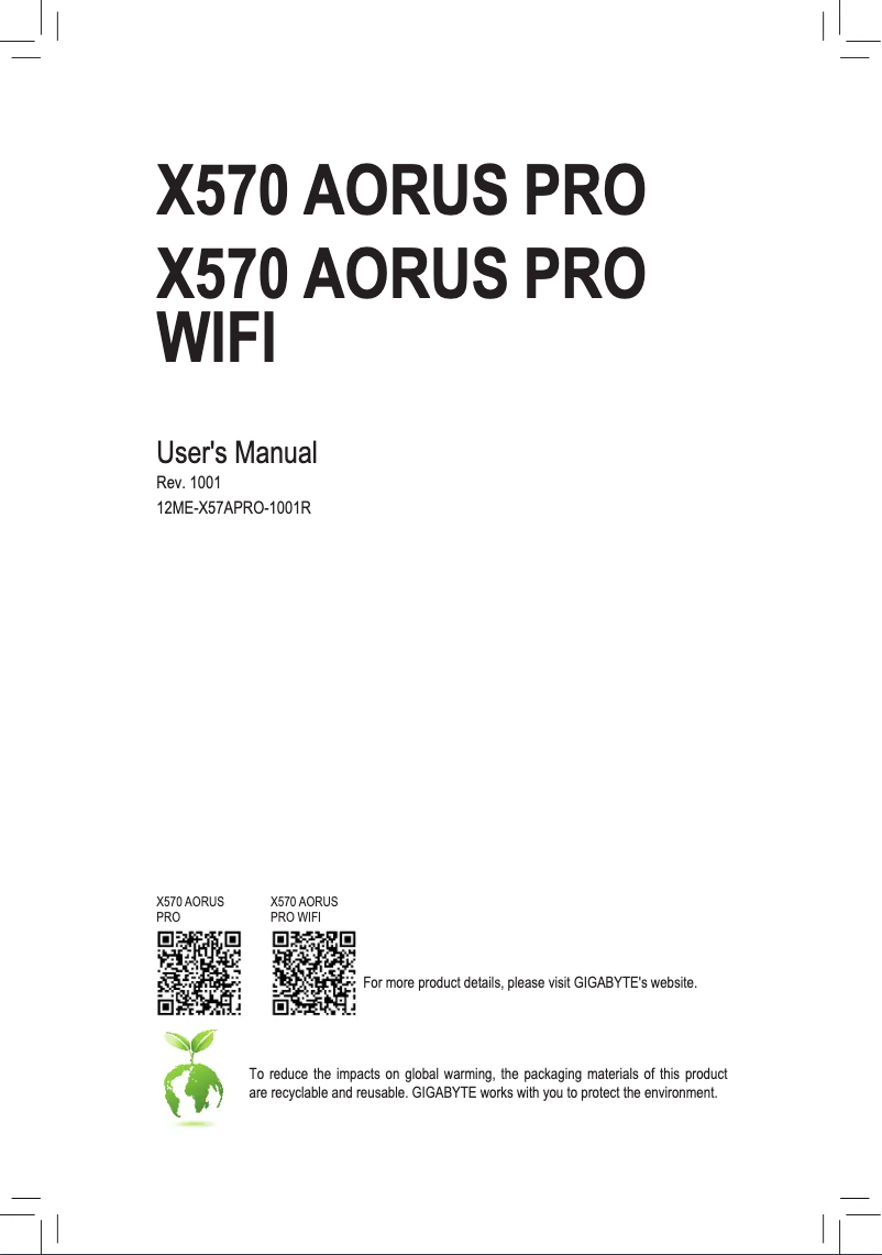 Page 1 de la notice Manuel utilisateur Gigabyte X570 Aorus PRO WIFI