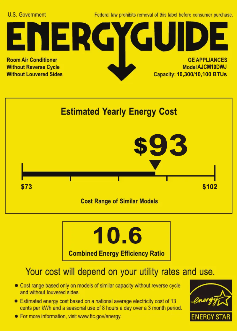 Page 1 of the manual Energy Label GE AJCM10DWJ